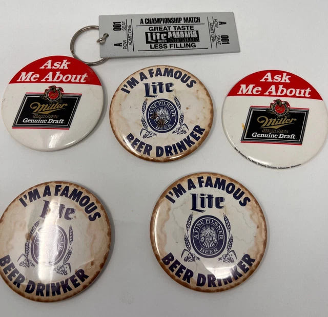 VINTAGE MILLER LITE And Genuine Draft Buttons Plus Keychain 14.99