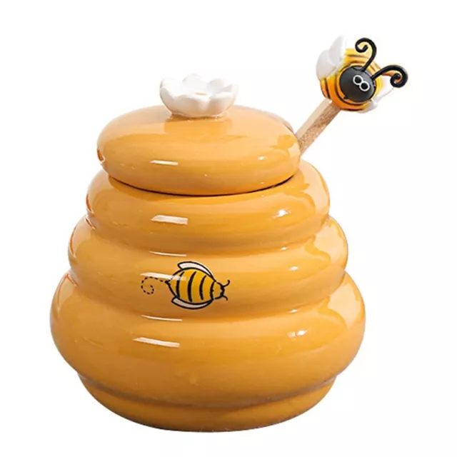 Ceramic Beehive Honey Pot and Wooden Dipper Honey Jar with Lid Honey Stir9044