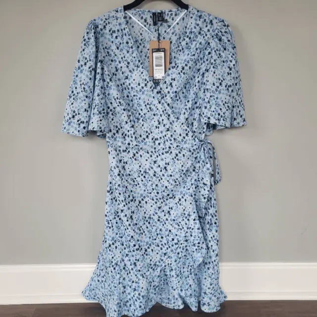 Vero Moda Womens Medium Wrap Dress Blue Short Sleeve V Neck Ruffles NWT