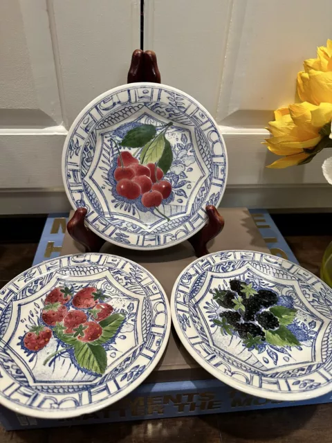 Vintage Set Of 3 Gien France “Oiseau Bleu” Fruit Pattern Dessert Plates 6 1/2 “