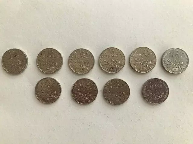LOT DE 10 pièces de monnaies 1/2 francs SEMEUSE 2000 1997 1995 1965