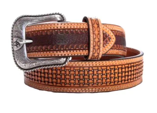 Ariat Western Mens Belt Leather Ivory Underlay Pierced Basketweave