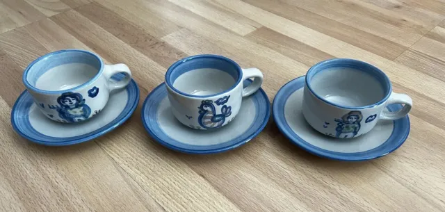 Set of 3 Vintage M.A. Hadley “Country Scene Blue” Pattern, Cups & Saucers, EUC