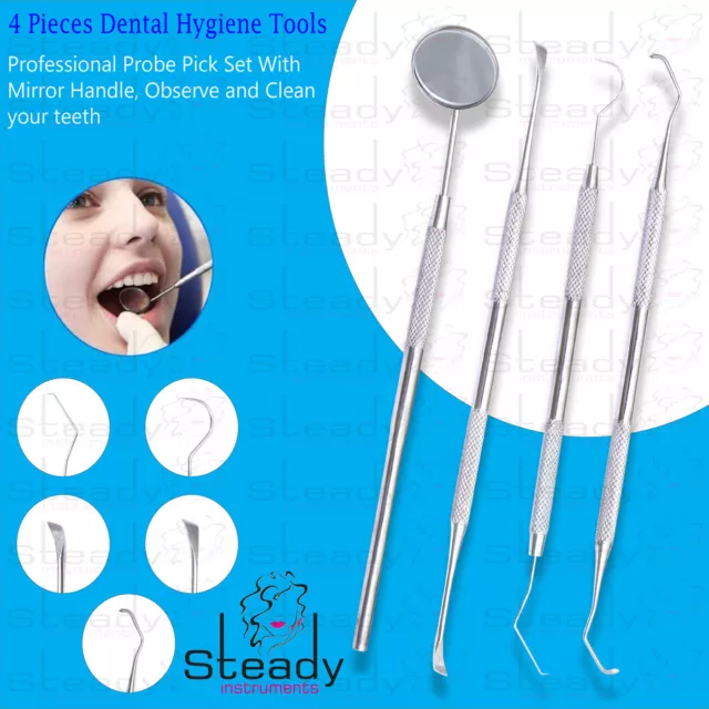 Dental Double Sided 4 piece Set Probe+ Sickle Scaler+ Tarter Remover+ mirror Kit