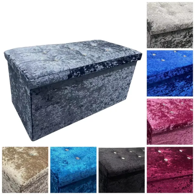 Foldable 1 or 2 Seater Crush Velvet Diamante Ottoman Storage Cube Toy Box Chest