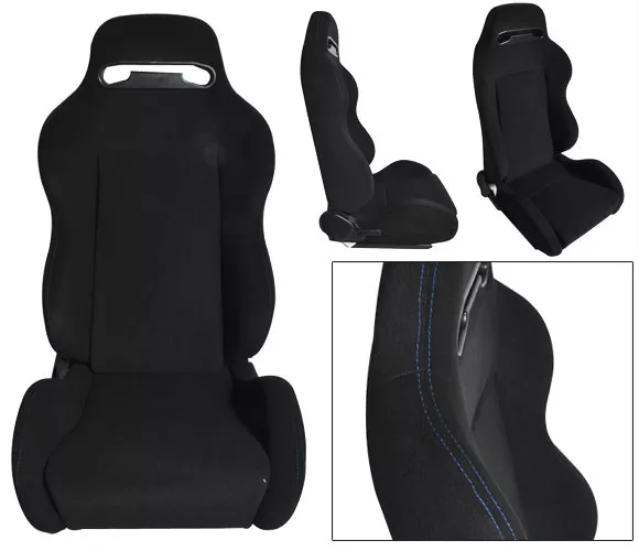 2 Black Cloth + Blue Stitch Racing Seats Reclinable + Sliders Pontiac New *