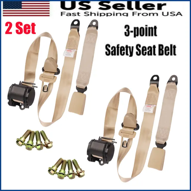 2 * Retractable 3 Point Safety Seat Belt Straps Car Vehicle Adjustable Belt Set