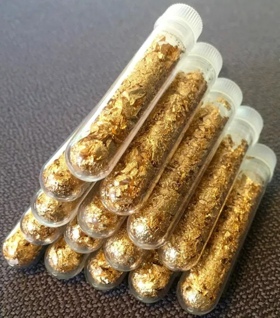 10  Large Gold Flake Vials of Gold Leaf  ..3mil  Lowest price online !!
