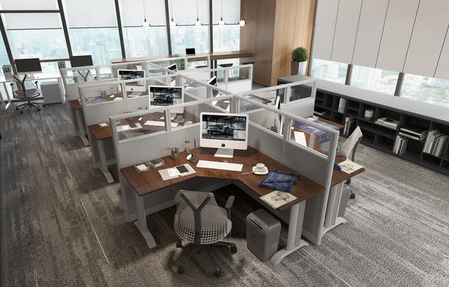 5x5 Cubicles- 51″ H- 6 MAN (PACKED) L Shape Glazed Office Workstations-E