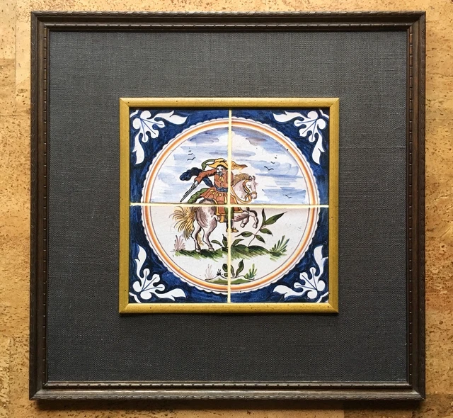 Antique Framed Polychrome 4 Tile Tableau Mounted Soldier, Delft or Spanish?