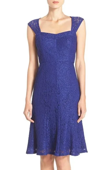 Adrianna Papell EMBROIDERED LACE FIT & FLARE NEPTUNE BLUE DRESS sz 4