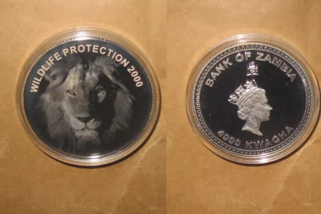 2000 ZAMBIA LION $ 4000 K Proof Holographic SILVER COIN with COA "RARE" &