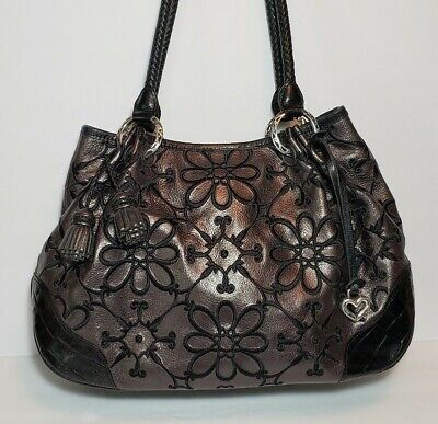 Brighton Valencia Pewter Metallic Floral Embroidered Handbag Shoulder Bag Purse