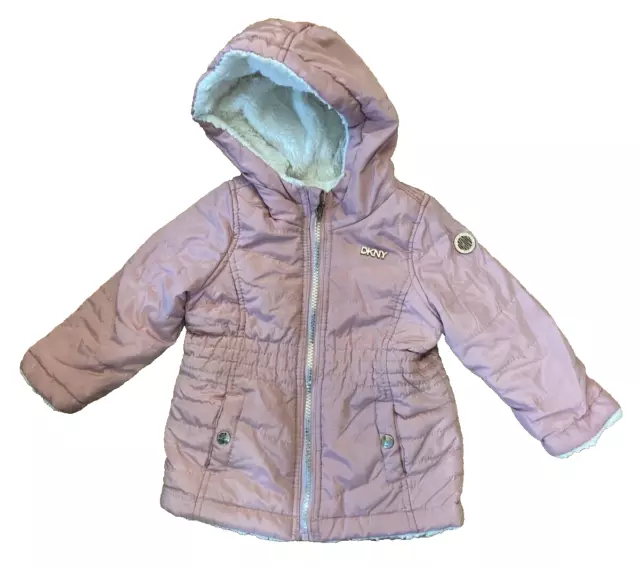 DKNY Baby Girls Reversible Jacket Size 12 Months Nylon Puffer Sherpa Coat Pink