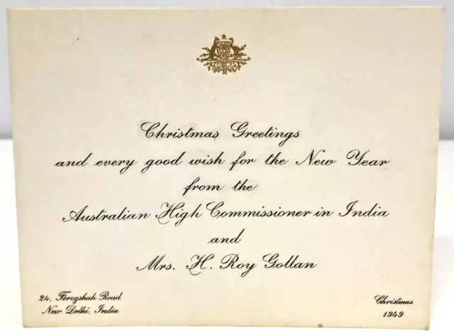 Vintage Christmas Card From Australian High Commissioner India Roy Gollan 1949
