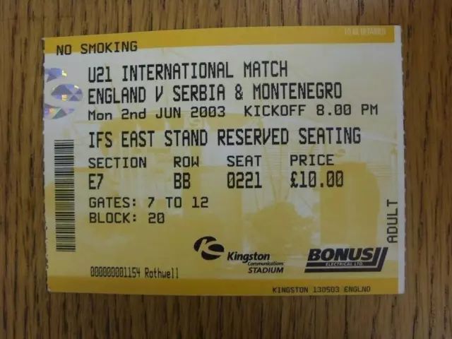 02/06/2003 Ticket: England U21 v Serbia and Montenegro [At Hull City] . Item in