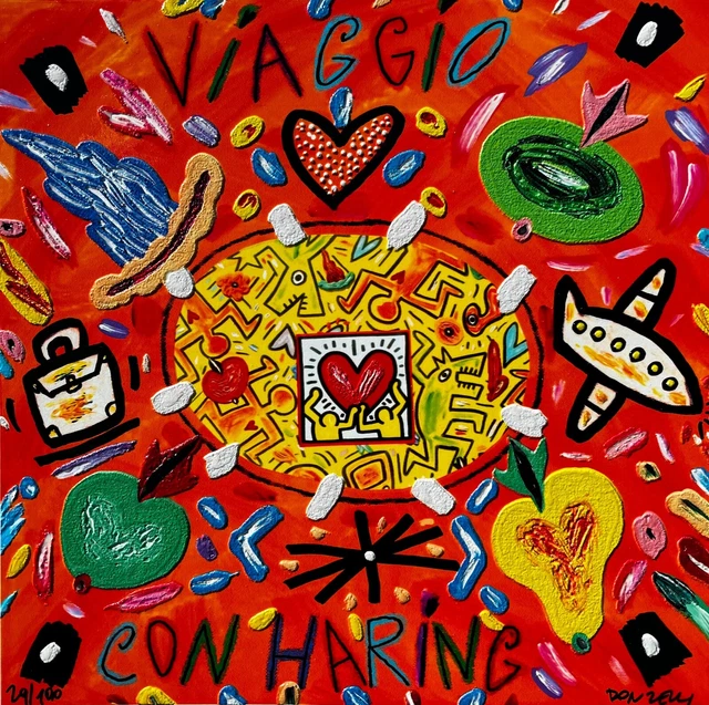 Travel with Haring Bruno Donzelli 40x40cm screen printing art pop house decor square