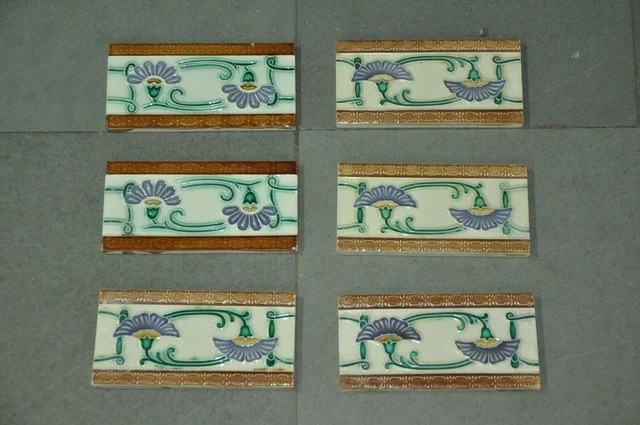 6 Pc Vintage Flower Design Embossed D.K Mark Ceramic Tiles,Japan