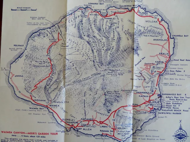 Kauai Hawaii Travel Brochure Large Folding Map c. 1950's tourist vintage ad