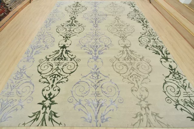 Modern William Morris 9’11” x 13’10” Ivory Wool/Viscose Hand-Knotted Area Rug