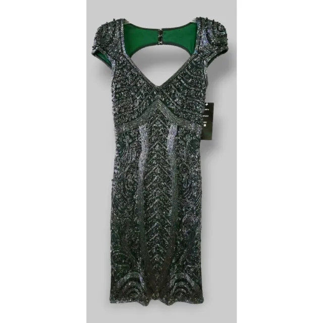 Pisarro Nights Green Beaded Mesh Sheath Gown Evening Formal Dress  Size 2