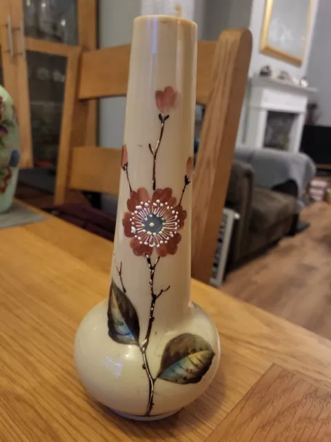 Vintage Beige Milk Glass Bud Vase Enamel Hand Painted Floral With White Detail