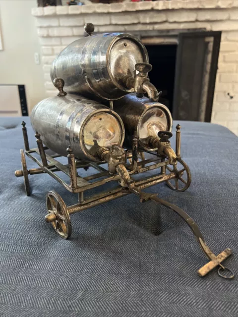 Antique English Novelty Triple Spirit Barrel With Cart RARE 1800s