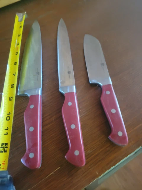 Set of 3 Paula Deen Kitchen Knives, Red Handle Chef Paring -Good Used Condition.