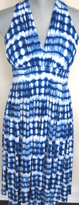 CALVIN KLEIN Blue & White Tie Dye Halter Style Dress - Sz 2 Marilyn Monroe Style