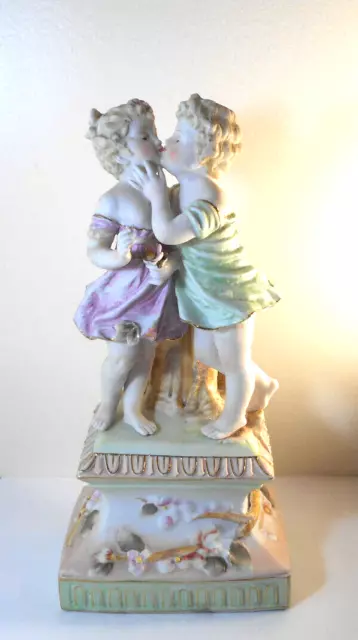 rare Large 11”  Kalk German Porcelain Bisque-Young Kissing Girls-figurine statue