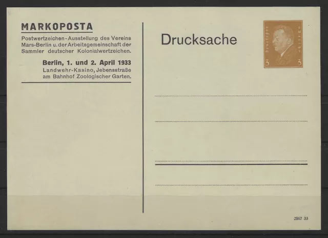 Dt. Reich Privat-Ganzsache Karte Markoposta Berlin 1933, ungebraucht #1106237