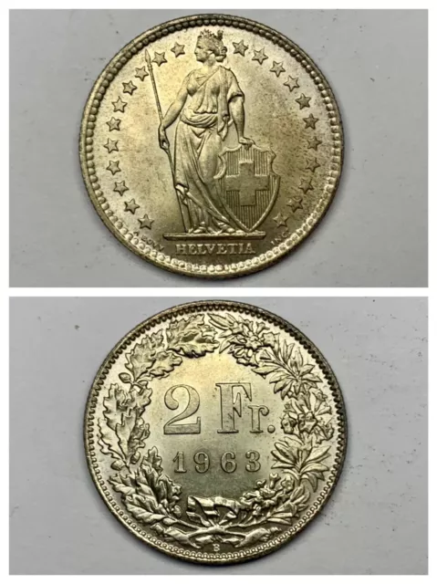1963-B Switzerland 2 Francs UNC -AU 83.5% Silver Authentic Helvetia