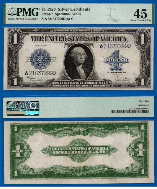 1923 $1 Silver Certificate PMG 45 wanted popular blue seal star Fr 237*