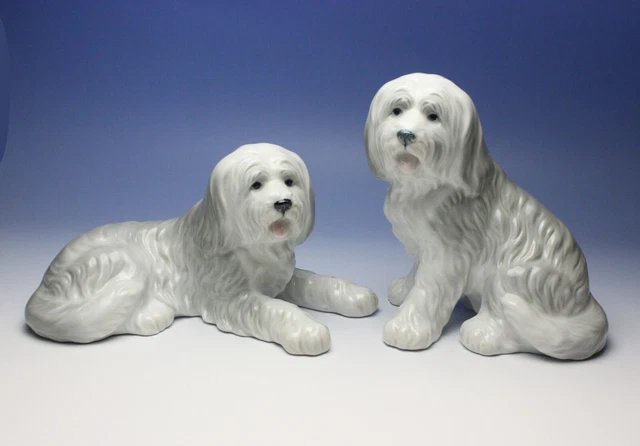 Pair Blue Bearded Collie DNC Fine Porcelain Lying & Seated Dog Figurines Japan