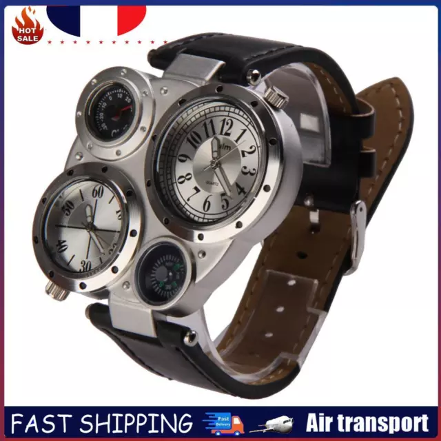 OULM militaire armée double fuseaux mouvements montre grand cadran en cuir sport