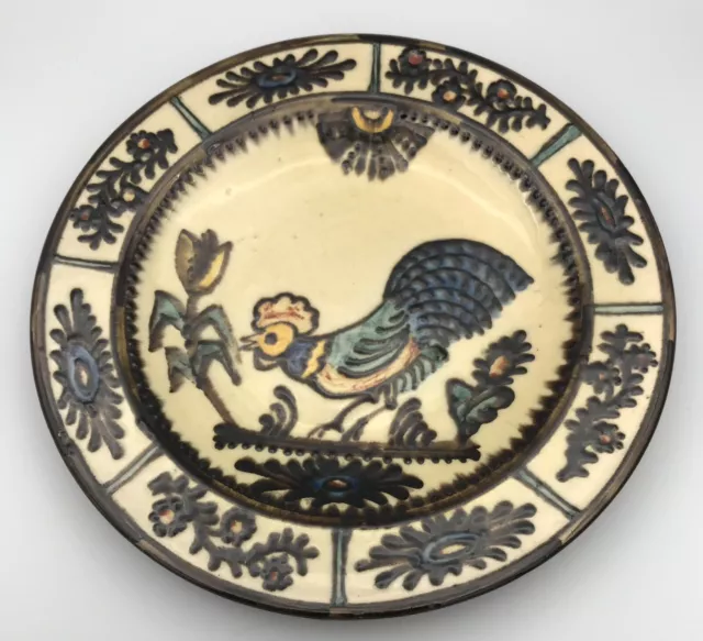 Ancienne ASSIETTE En TERRE CUITE à Décor De Peinture De COQ Polychrome 28,8 Cm