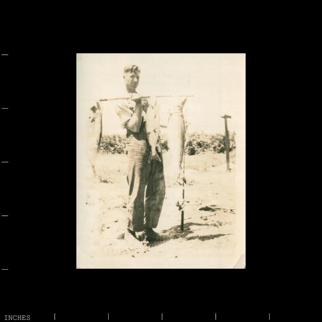 Old Vintage Photo MAN SHOWING OFF FISH CAUGHT FISHING