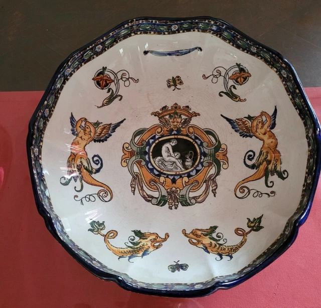 Grand plat assiette faience de gien décors renaissance 1866 27 cm