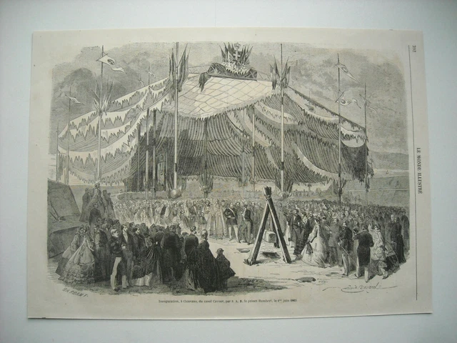 Gravure 1863. Inauguration, A Chiavano, Du Canal Cavour, Par  Le Prince Humbert.