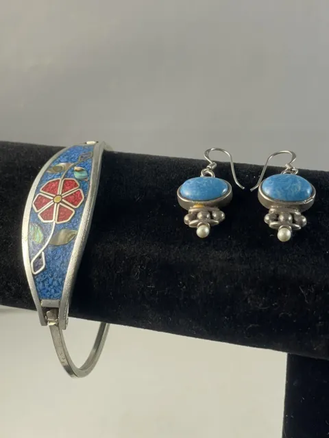 Sterling Jewelry Bracelet And Earrings Set Abolone Inlay Turquoise 925