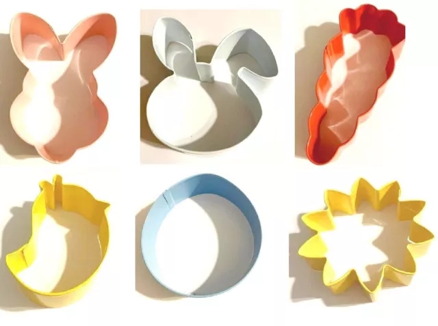 6 Wilton Easter Cookie Cutters 3" metal bunnies carrot chick egg flower