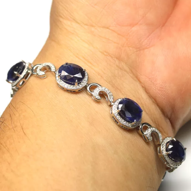 Chauffé Saphir Bleu & Zircone Bracelet 8.5 " 925 Argent Sterling