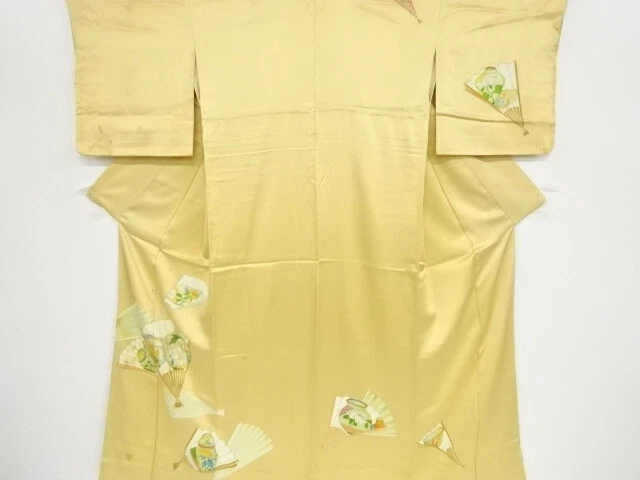 42456# Japanese Kimono / Antique Kimono / Flower & Jar With Folding Fan Patt