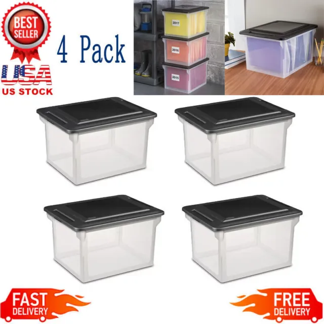 SET OF 4 Plastic Storage File Box Portable Stackable Organizer Bin Tote ...
