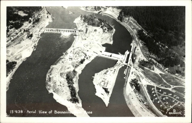 RPPC Aerial view of Bonneville Dam area Oregon ~ Kodak real photo postcard