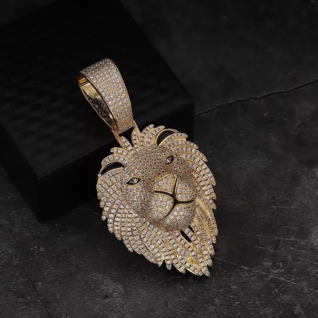 3.00 Ct Round Cut Lab-Created Diamond Men's Lion Pendant 14k Yellow Gold Plated