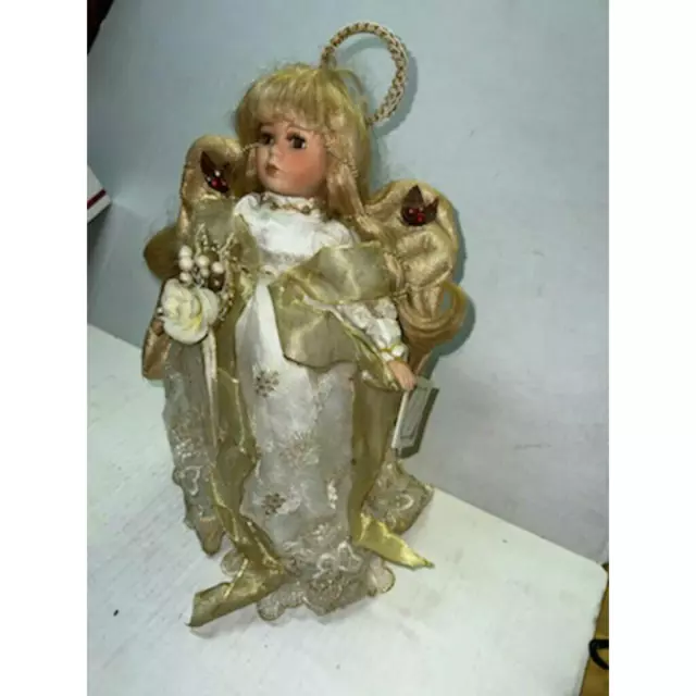 Porcelain Doll Angel Gold White Dress Blonde Straight Hair Certificate