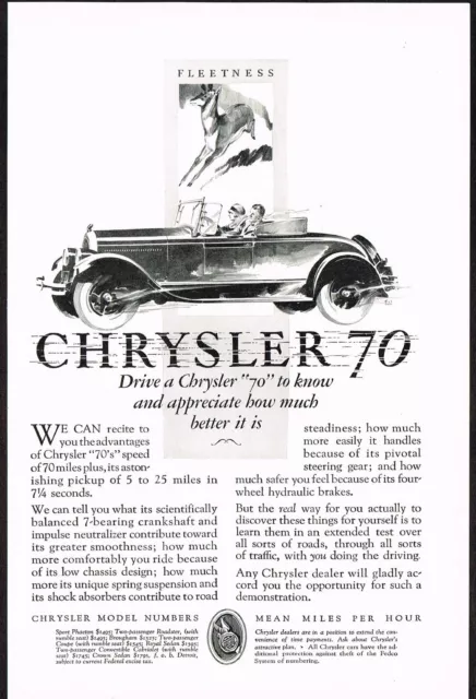 1927 Original Vintage Chrysler 70 Roadster Convertible Car Art Print Ad