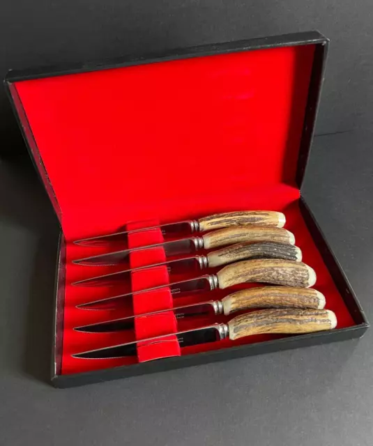 Hoffritz Set of 6 Boxed Antler Stag Horn Handle Vintage Steak Knives