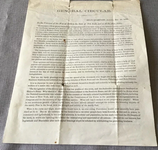 1859 Circular Letter to NY Vets War of 1812 Call for Action -Slave Insurrections
